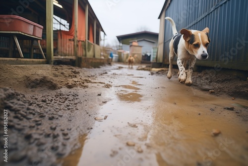 dog paw prints leading through the muddy farmyard photo