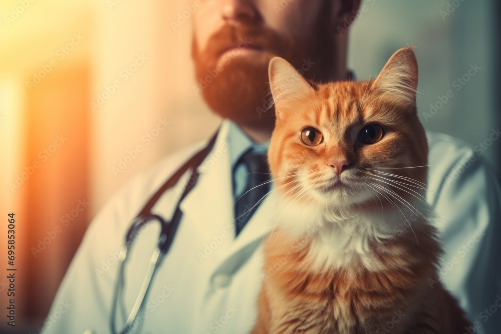 Orange cat with veterinary doctor face portrait. Vet clinic banner, generated by AI