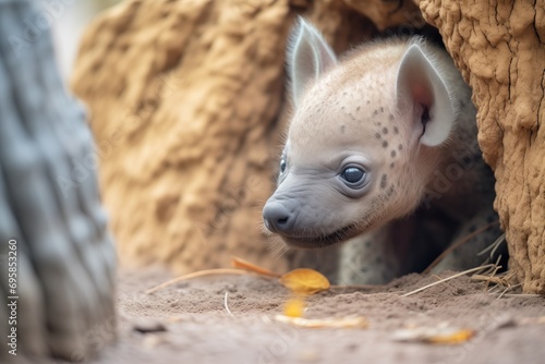 hyena pup yelping by a den entrance photo
