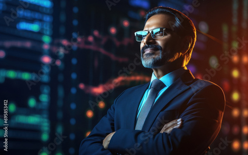 indian businessman standing with big data screen background