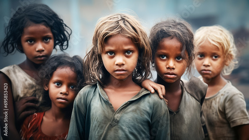 Fényképezés Group of poor beggar indian children on dirty streets walking alone in a poverty stricken slum area