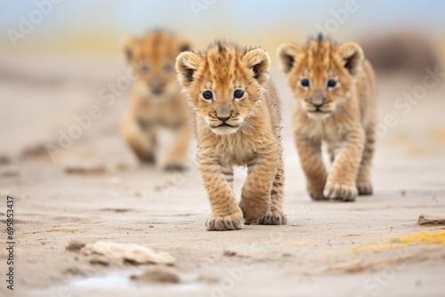 trio of cubs in a line following a lion胢s trail