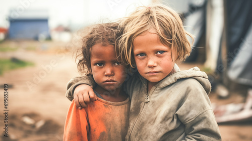 Sad serious multiethnic poor little children looking at the camera. 