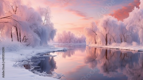 Scenic winter Christmas landscape bathed in soft pink hues featuring a serene winter river winding through a tranquil forest of snow-covered trees. The winter forest is aglow at sunset, with beautiful