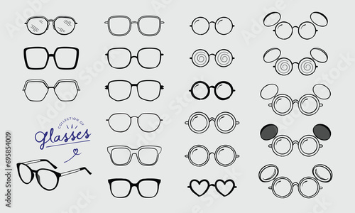 collection of hand drawn glasses, sunglasses, eyeglasses sketch, different types of glasses, frames, modern sunglasses style illustration silhouette.