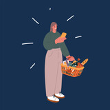 Cartoon vector illustration of Young woman hold red basket with food products. Delivery service from shop or restaurant