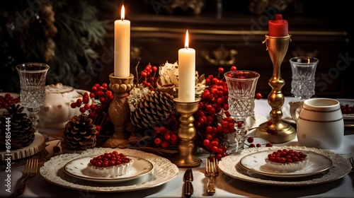 Elegant Christmas Table Setting with Festive Decorations © AiHRG Design