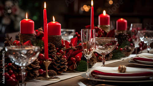 Festive Holiday Dinner Table Set with Red Candles
