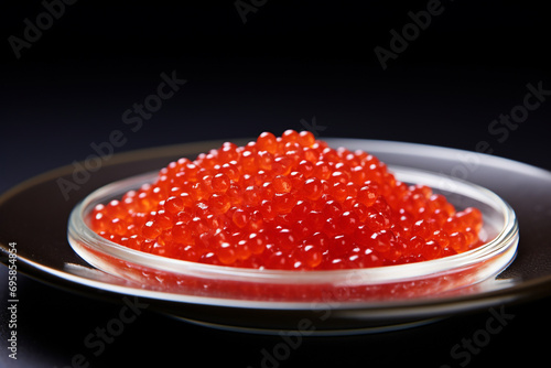 Salmon Red Caviar in a white plate on a dark background. Healthy Food Concept. Snack.Copy space for Text.Seafood