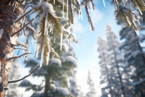 snow-covered pine trees with icicles hanging