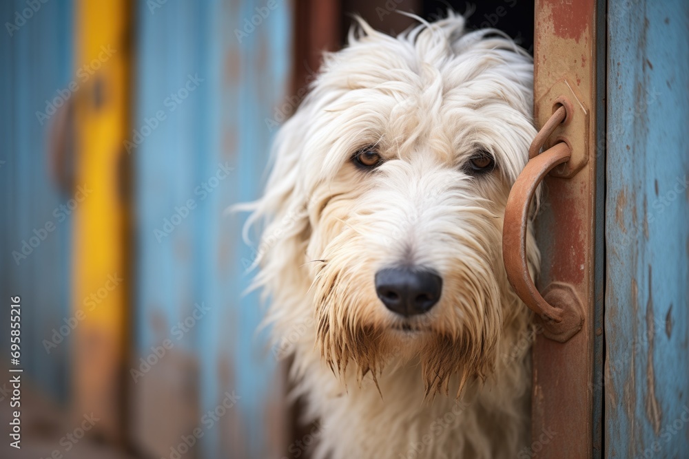 sheepdog behind an ajar wooden door sheepdog behind an ajar wooden door