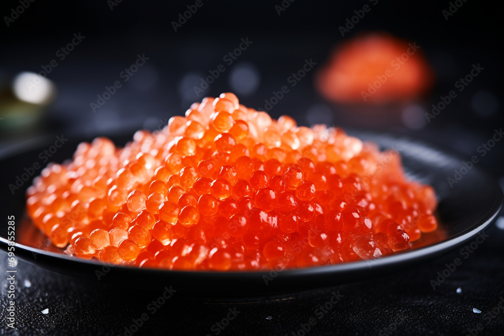 Salmon Red Caviar in a white plate on a dark background. Healthy Food Concept. Snack.Copy space for Text.Seafood Salmon Red Caviar in a white plate on a dark background. Healthy Food Concept. Snack.Copy space for Text.Seafood