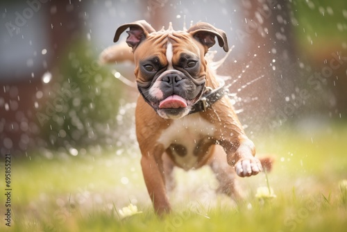 boxer dog chasing its tail among sprinkler droplets