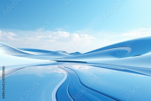abstract futuristic background, northern panoramic landscape, fantastic scenery with calm water, geometric glossy shape and blue sky. Generative AI