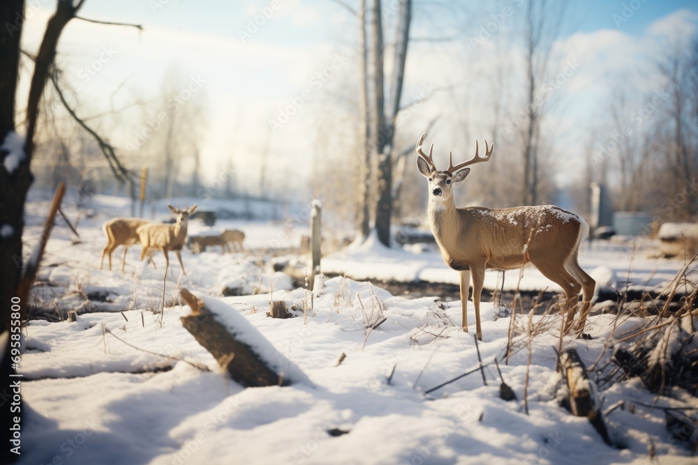 deer foraging, with snow-dusted trees surrounding deer foraging, with snow-dusted trees surrounding
