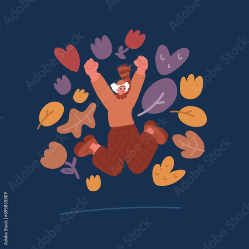 Cartoon vector illustration of woman jumping and smiling with excitement looks