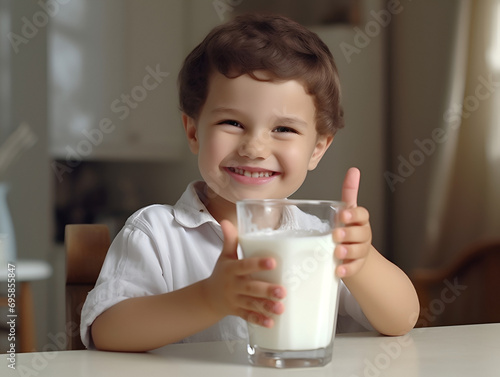 Little kid sitting and holding glass of milk