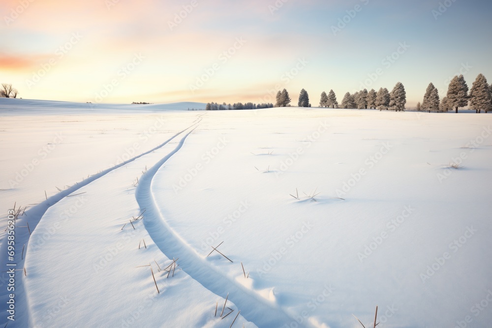 sleigh tracks curving through a snowy meadow