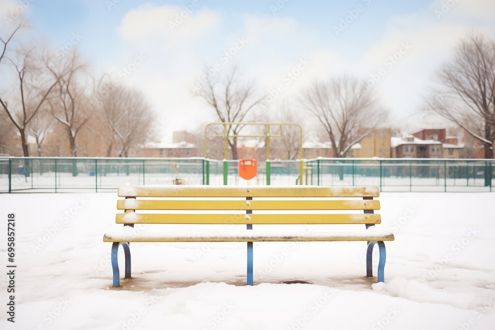 bench with snow in a deserted playground
