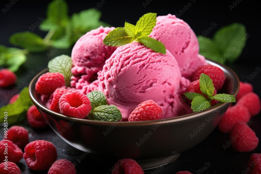 Appetizing pink ice cream with fresh raspberries and mint. Generative AI Appetizing pink ice cream with fresh raspberries and mint. Generative AI