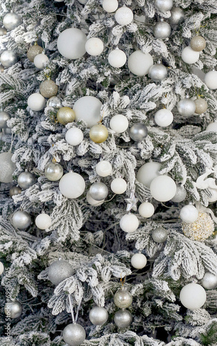 Close-up of decorations on the Christmas tree. New Year and Christmas concept