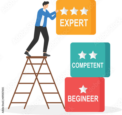 Enhancing skill concept, a man moving block of skills symbol, personal growth and skill level upgrade


