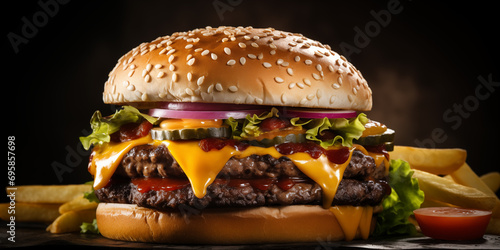 Gourmet Double Cheeseburger with Fries: Beef Patties with Melted Cheese - Fast Food Banner, Dark Background
