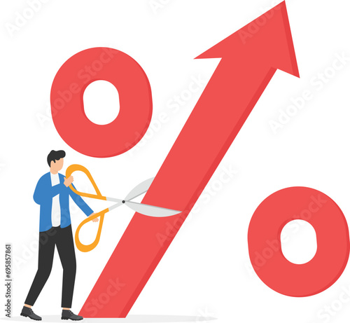 Fed raised the central bank interest rate to curb soaring inflation, monetary policy to stop or decrease inflation, businessman cut a percentage mark with scissors, global economic crisis

