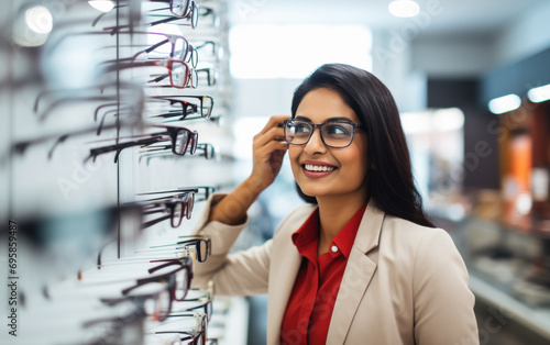 young indian woman choosing glasses at optics store