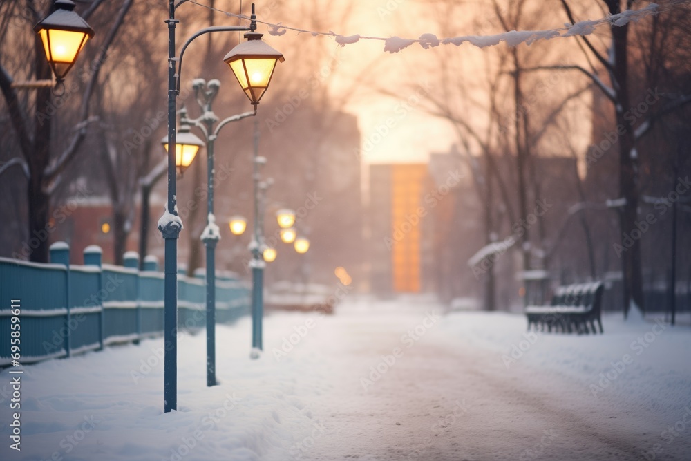 streetlights casting glow on snowy path streetlights casting glow on snowy path