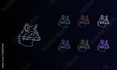 A set of neon raccoon head symbols. Set of different color symbols, faint neon glow. Vector illustration on black background