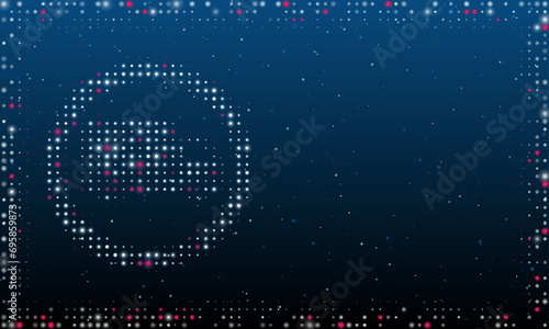 On the left is the truck traffic symbol filled with white dots. Pointillism style. Abstract futuristic frame of dots and circles. Some dots is pink. Vector illustration on blue background with stars