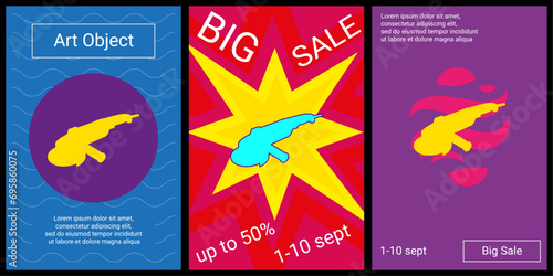 Trendy retro posters for organizing sales and other events. Large angle grinder symbol in the center of each poster. Vector illustration on black background