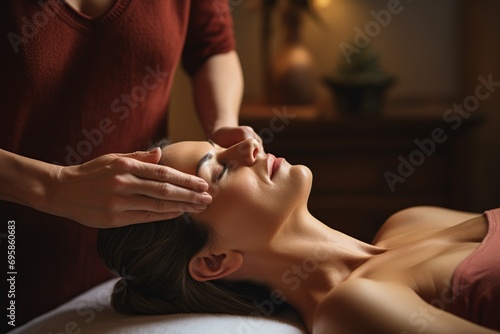 This captivating photo captures a holistic therapist in action, conducting an energy healing session with a client. The image showcases the therapist placing their hands gently on or near the client's photo