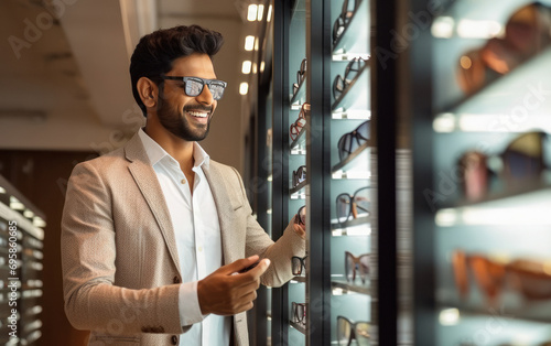 young indian man choosing glasses in optics store photo