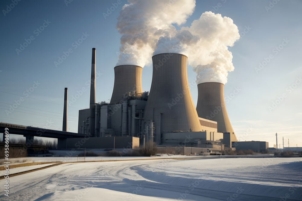 Power plant with smoking chimneys on a background of blue sky.