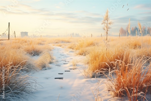 a narrow, icy pathway through a snowy meadow