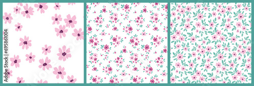 Seamless floral pattern, liberty ditsy print of mini pretty flowers in the collection. Cute botanical design: small hand drawn flora, tiny pink flowers, leaves on white. Vector romantic flower pattern