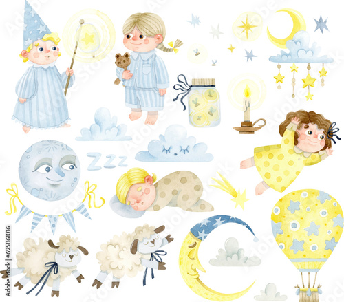 Sweet lullaby children, moon and clouds watercolor clipart set