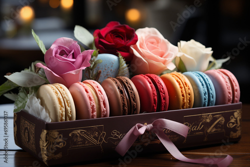 Close up colorful macarons dessert 