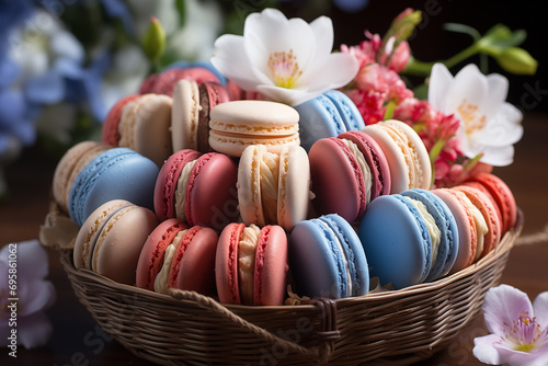 Close up colorful macarons dessert 