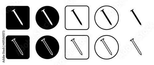 Icon set of metal nail symbol. Filled, outline, black and white icons set, flat style.  Vector illustration on white background