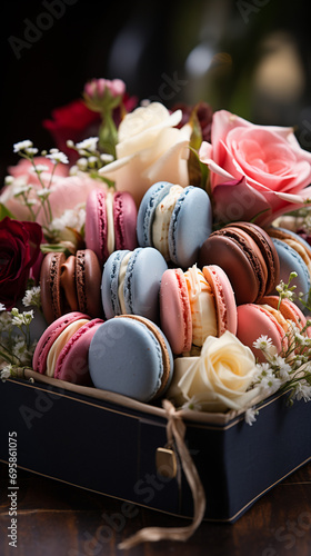 Close up colorful macarons dessert 