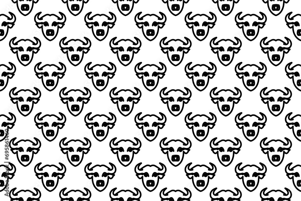 Seamless pattern completely filled with outlines of buffalo head symbols. Elements are evenly spaced. Vector illustration on white background