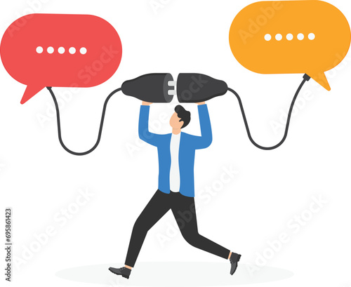 Communicate to solve problems, discuss or meet to get new idea, collaborate or cooperate to success, connect idea for solution concept, businessmen connect plug between conversation dialog.

