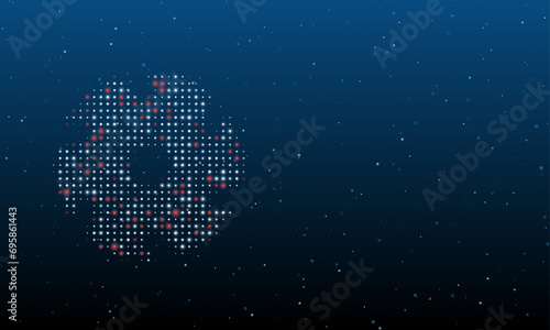 On the left is the milling disc symbol filled with white dots. Background pattern from dots and circles of different shades. Vector illustration on blue background with stars