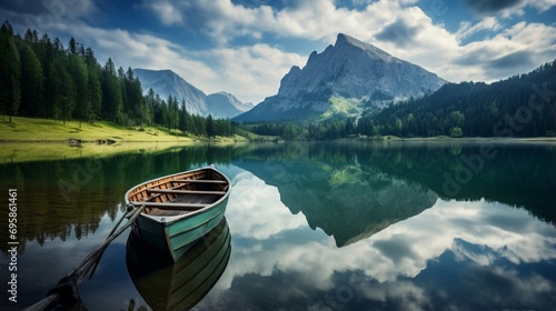 Reflection in water of mountain lakes and boats. Beauty world.