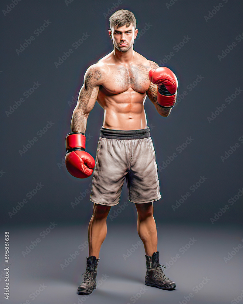 Serious young boxer in red gloves.