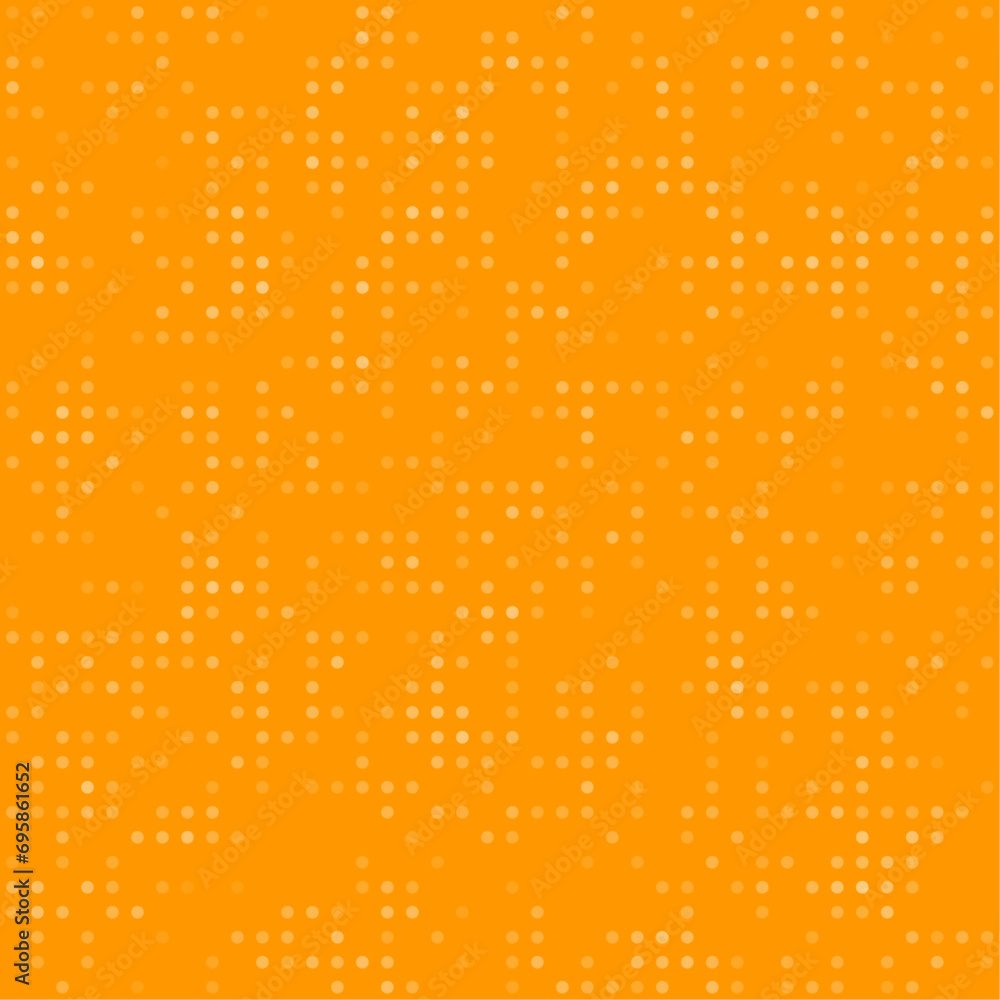 Abstract seamless geometric pattern. Mosaic background of white circles. Evenly spaced small shapes of different color. Vector illustration on orange background