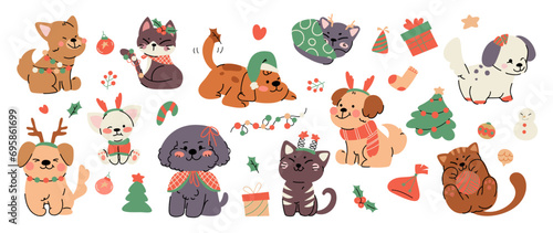 Merry christmas and happy new year concept background vector. Collection drawing of cute cat and dog with decorative scarf, ribbon, hat. Design suitable for banner, invitation, card, banner, cover.